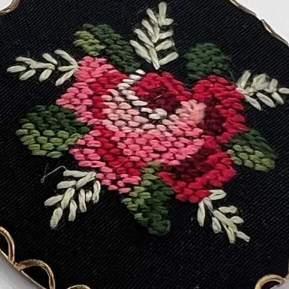 Vtg Petit Point Floral Brooch Needlepoint Black Red Pink Rose West Germany 1.5" - Picture 3 of 5
